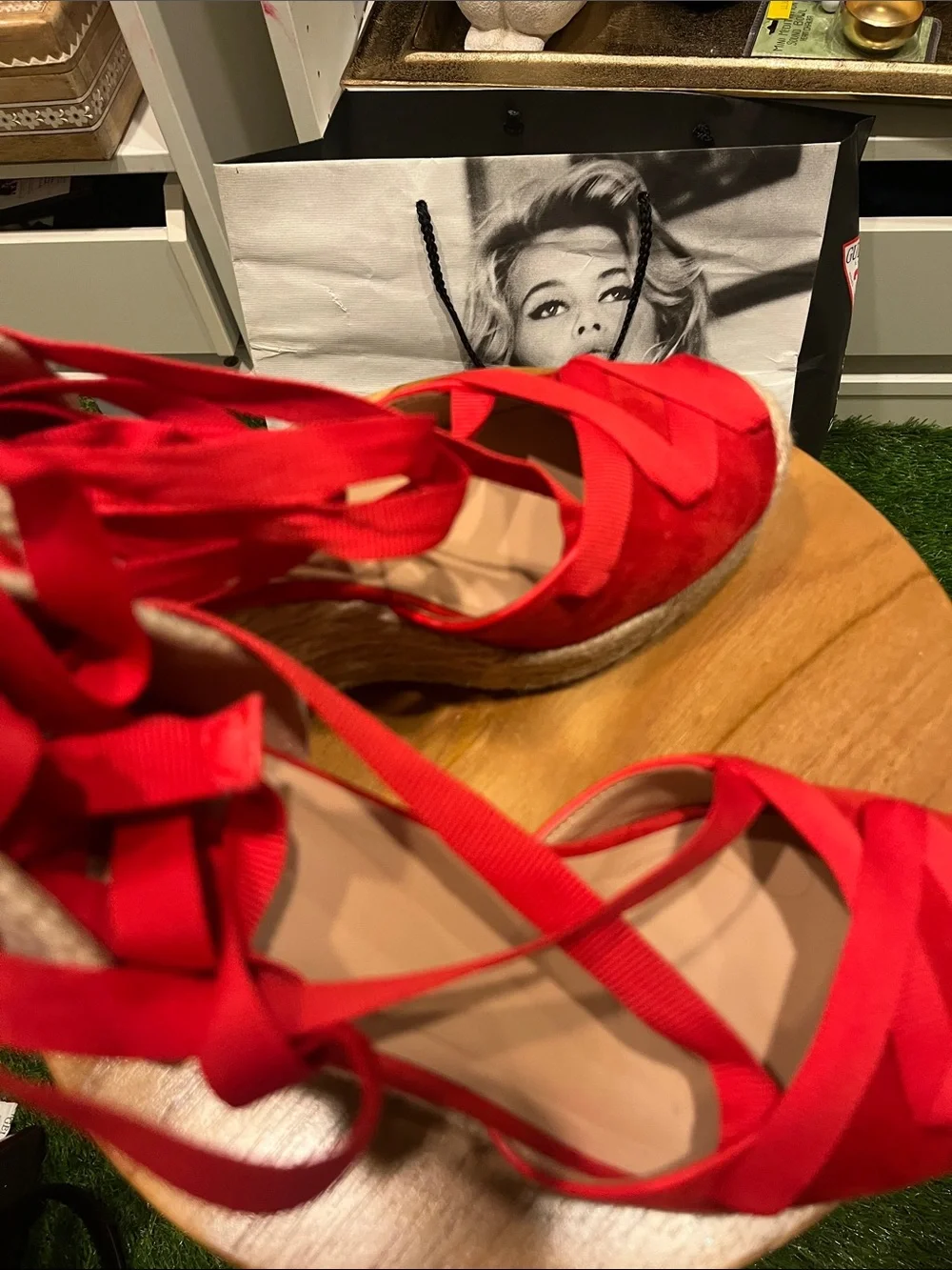 Red Espadrille Wedge Lace-Up Sandals